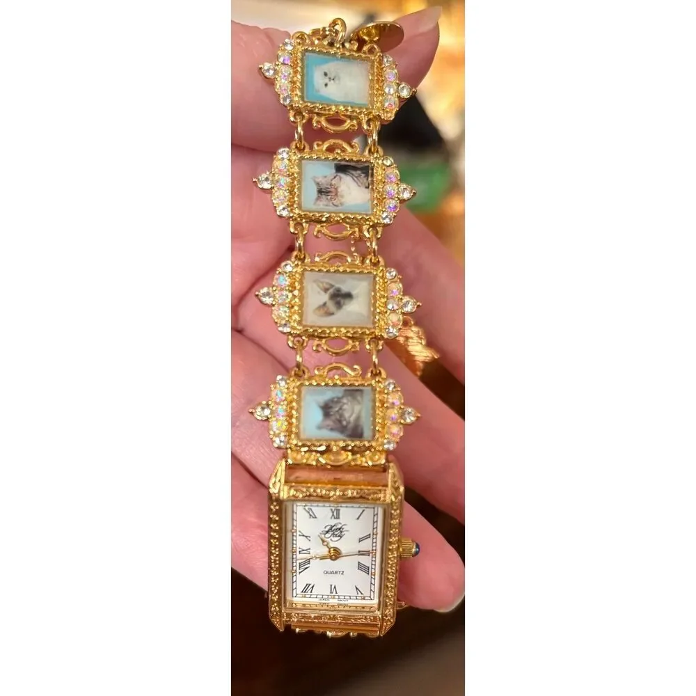 Rare VTG Kirks Folly Cat Portrait Gold Tone Bracelet Watch